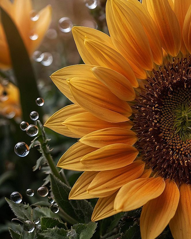 Sunlit sunflower petals contrasting against floating dewdrops