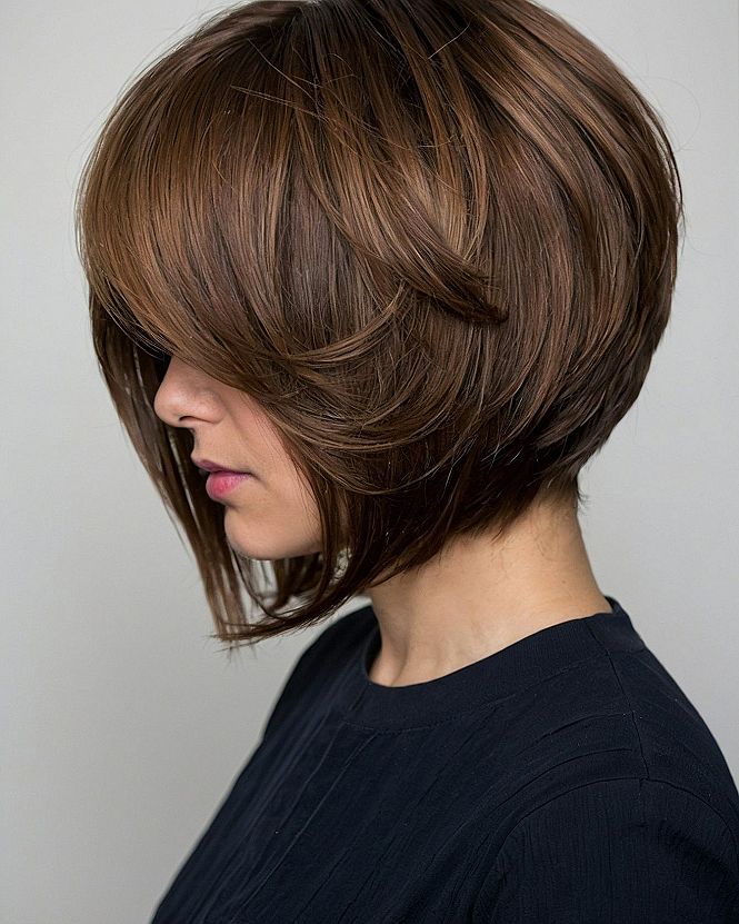 Stacked Brown Bob Haircut With Tapered Neckline And Long Front Layers