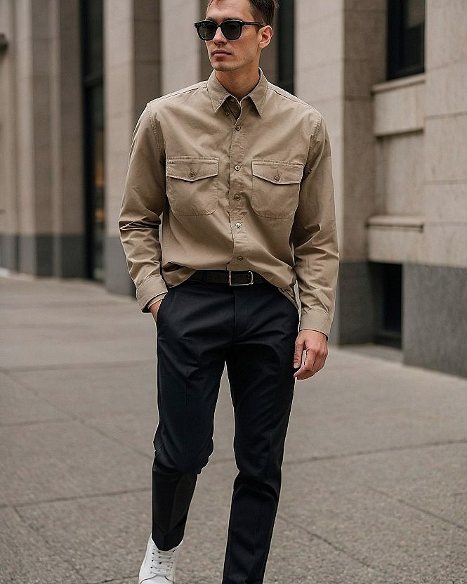 Layering a Utility Shirt Over a Simple Tee for Smart Casual Days