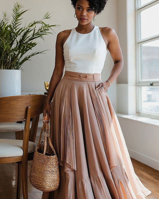 Pairing a Halter Top With a Pleated Midi Skirt