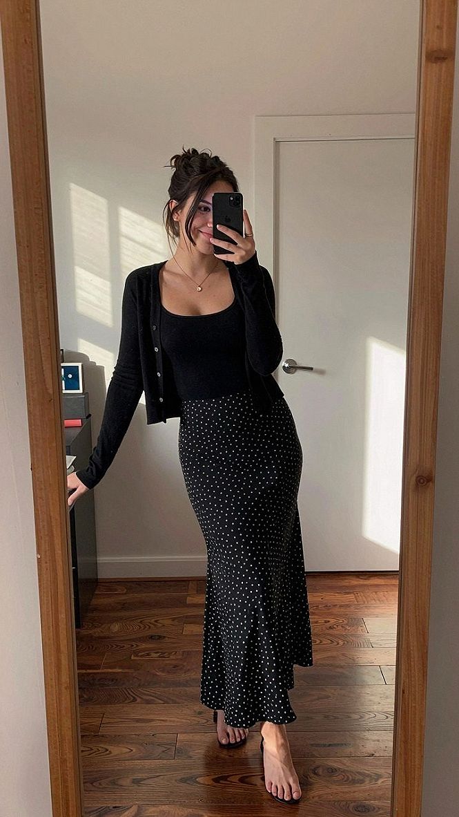 Styling a Cropped Cardigan with a Polka Dot Maxi Skirt