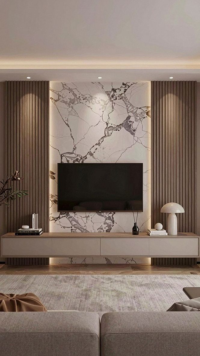 Mixing Fluted Wood Panels With Marble Backsplashes