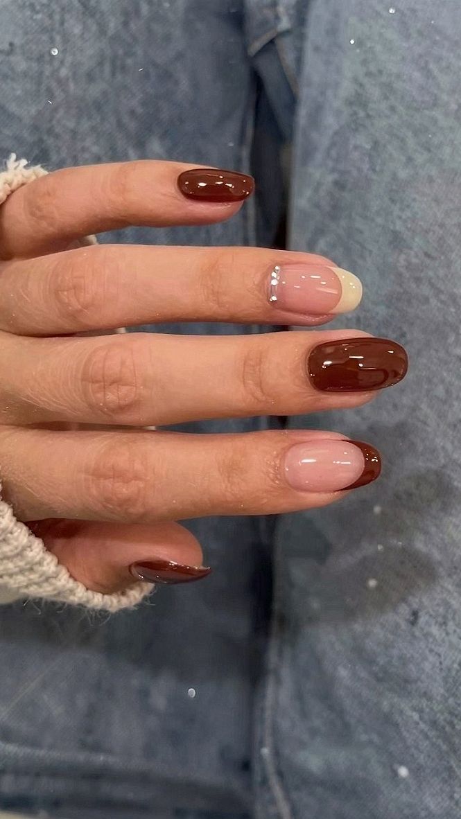 Mixing Brown French Tips and Gemstone Accents on Gel Nails