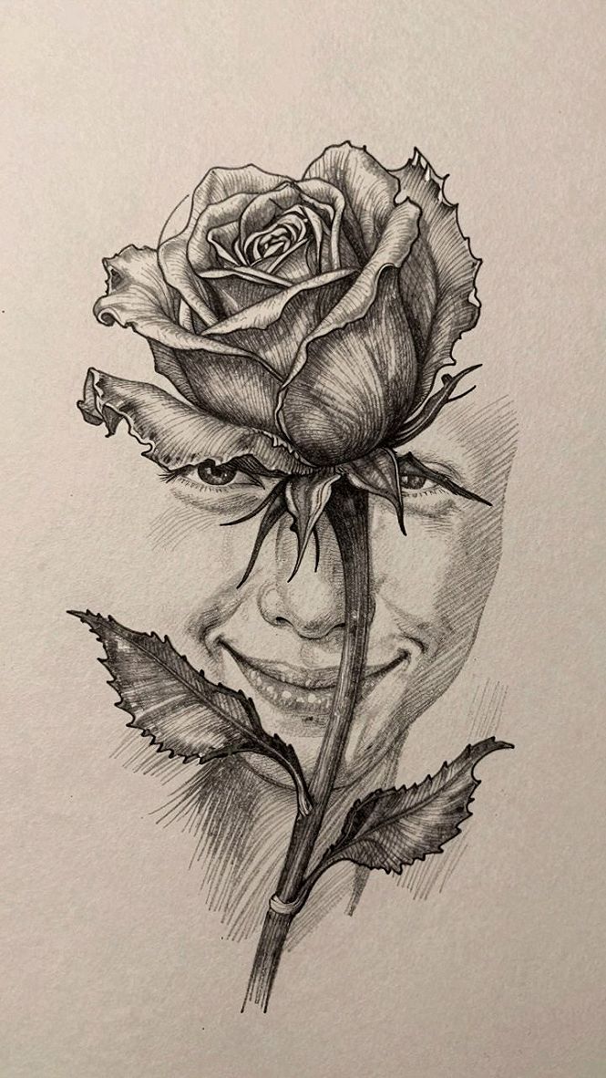 How to Draw a Face Peeking Behind a Rose Sketch