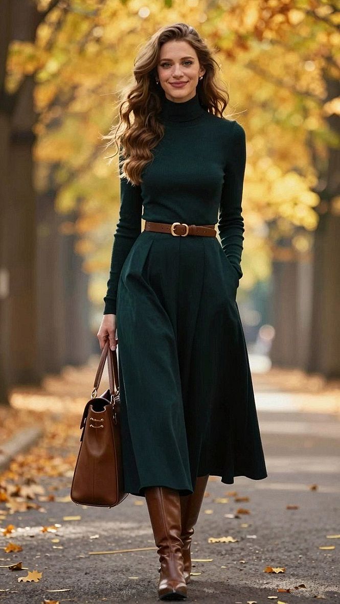 Matching a Belted A-Line Skirt with Knee-High Boots