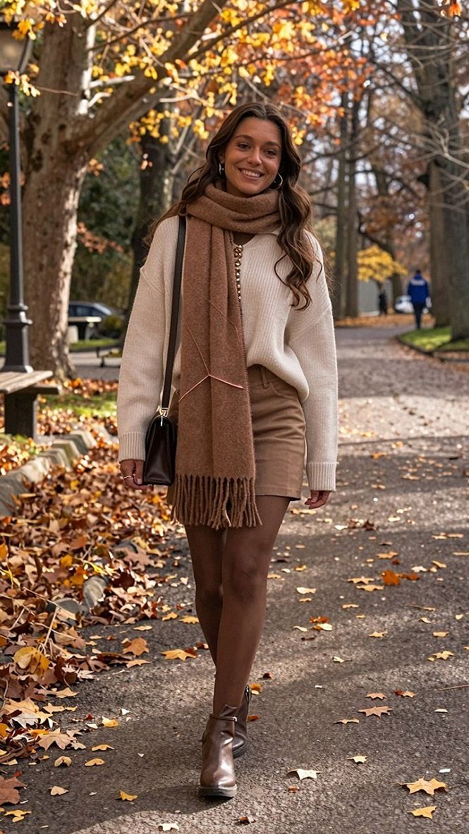 Blending Chunky Scarves and Short Skirts for Brisk Autumn Walks