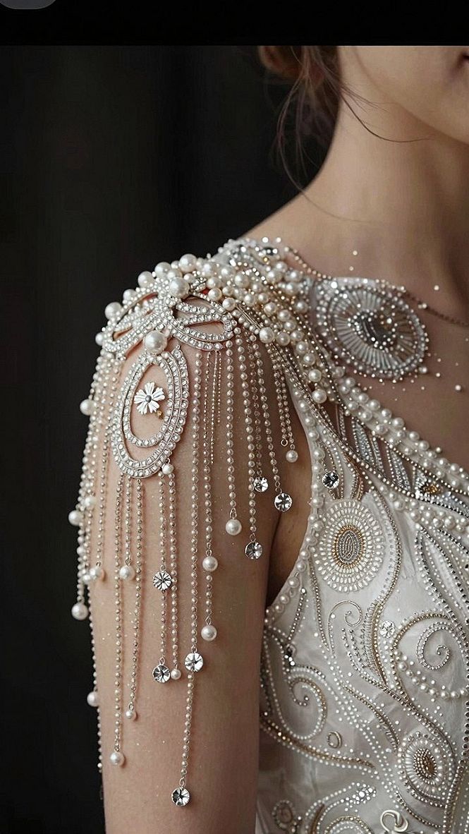 Stunning Pearl Beaded Shoulder Drapes and Open Back