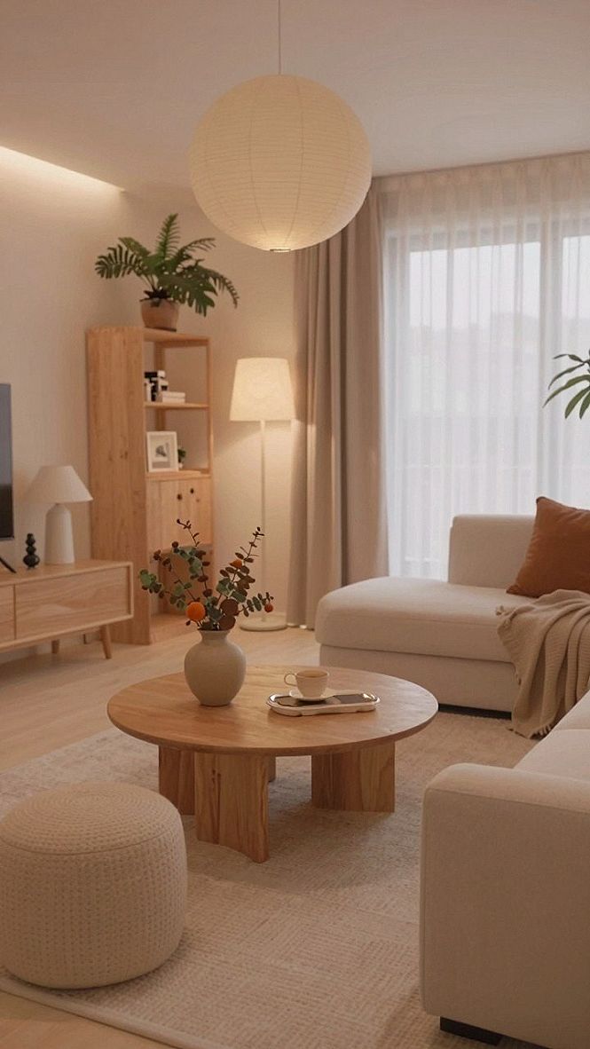 Styling a Round Wooden Coffee Table with Simple Botanical Accents