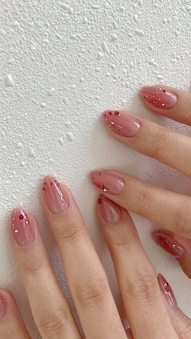 Adding Tiny Rhinestones to Jelly Rose Pink Nails