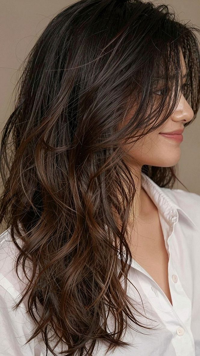 Relaxed Dark Brown Wavy Blowout Styles