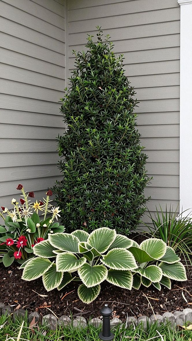 Framing Your Entryway With Evergreen Shrubs and Hostas