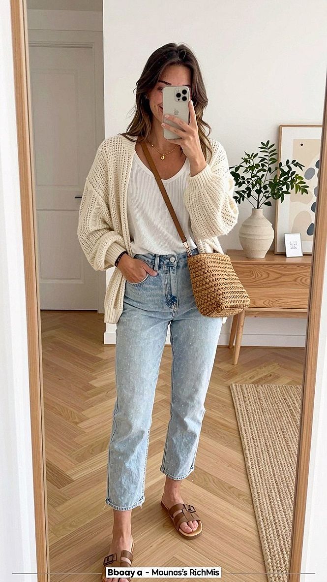 Adding a Woven Crossbody Bag to Denim and Cardigans