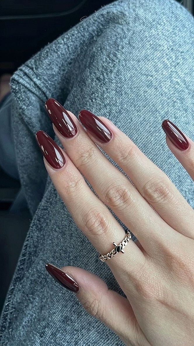 Rich Burgundy Almond Nails With High Shine Polish