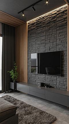 Sleek Modern Living Room TV Wall Design with Stone Accents