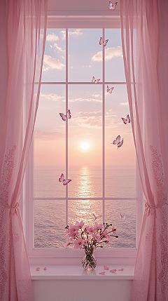Dreamy Pink Window Aesthetic: Ocean Sunset Decor