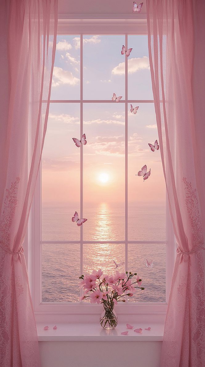 Dreamy Pink Window Aesthetic: Ocean Sunset Decor