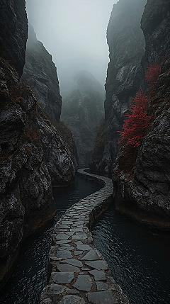 Mystical Autumn Gorge: Dark Nature Aesthetic 4K Wallpaper