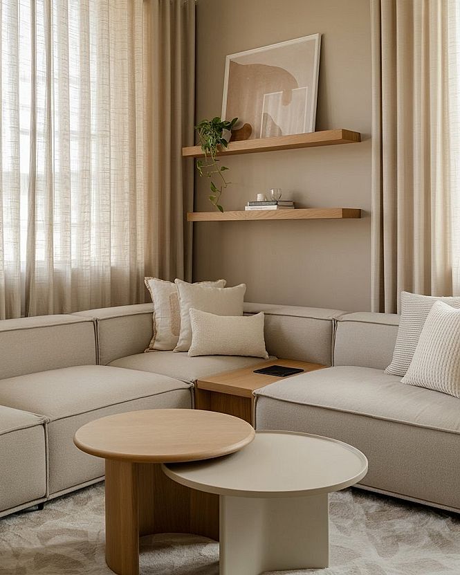 Cozy Beige Living Room: Warm Modern Interior with L-Shaped Couch