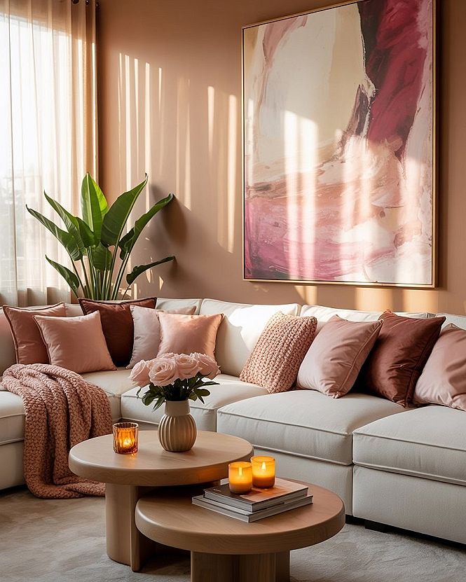 Cozy Pink & Brown Apartment Living Room: Mid-Century Chic