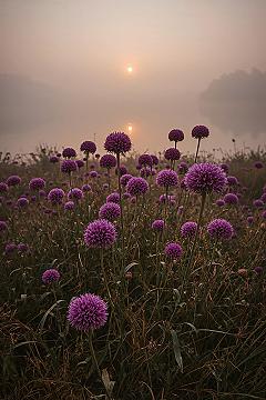 Misty Morning Magic: Purple Wildflowers by a Sunlit Lake