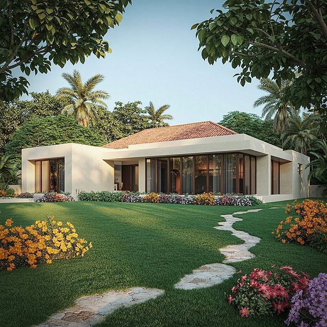 Tropical Bungalow Bliss: Stunning House Design Exterior with Lush Gardens