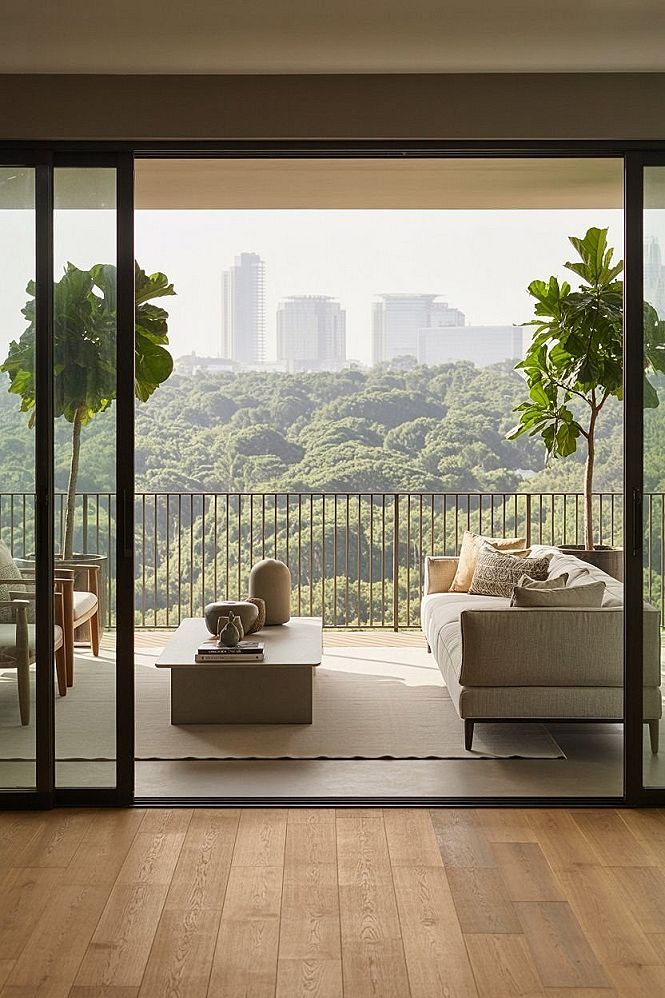 Elegant Modern Living Room & Balcony: Seamless Indoor-Outdoor Design