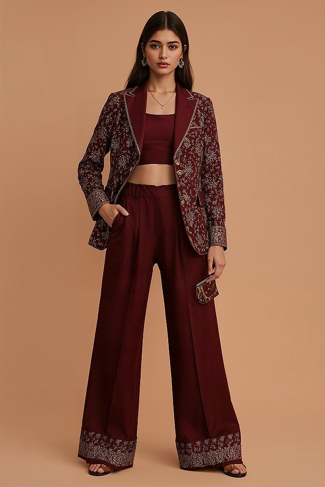 Burgundy Indo-Western Palazzo Set: Festive & Wedding Ready