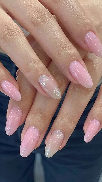 Soft Pink Jelly Nails With Subtle Shimmer Details