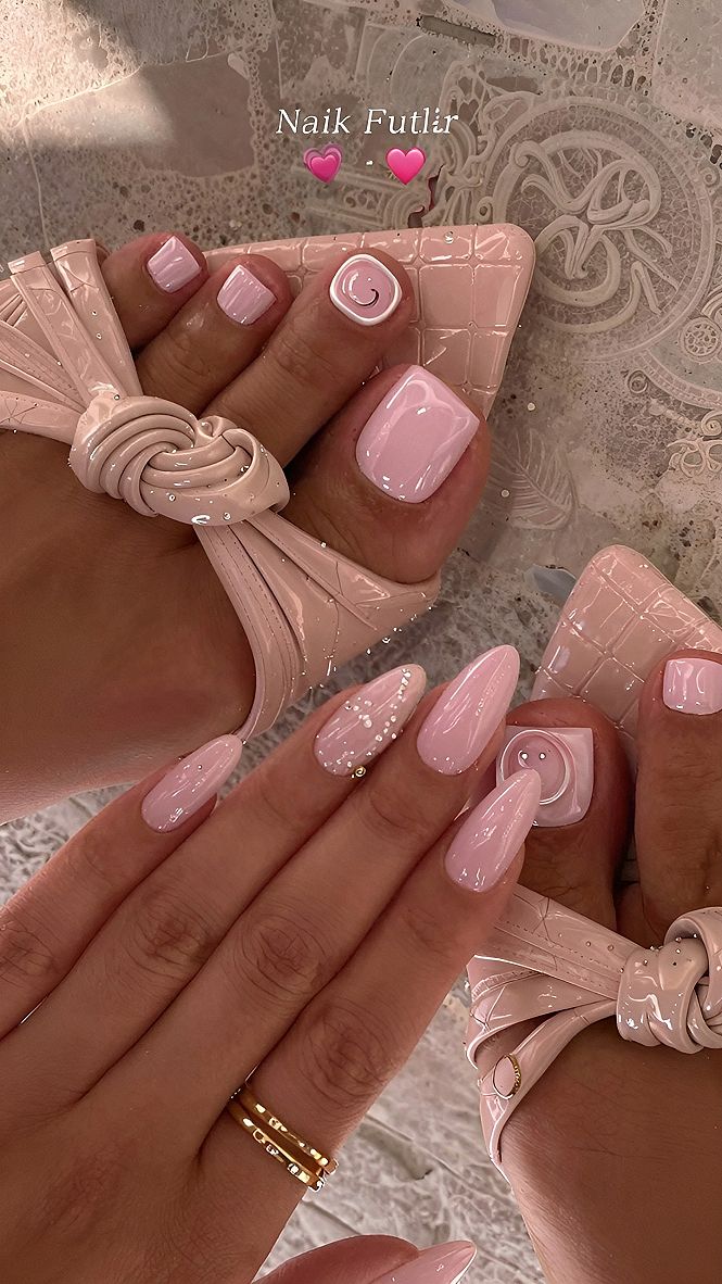 Soft Pastel Pink Nails And Toes With Minimalist Art
