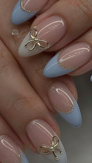 Light Blue French Tips With Gold Bow Accents