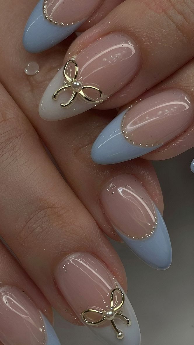 Light Blue French Tips With Gold Bow Accents