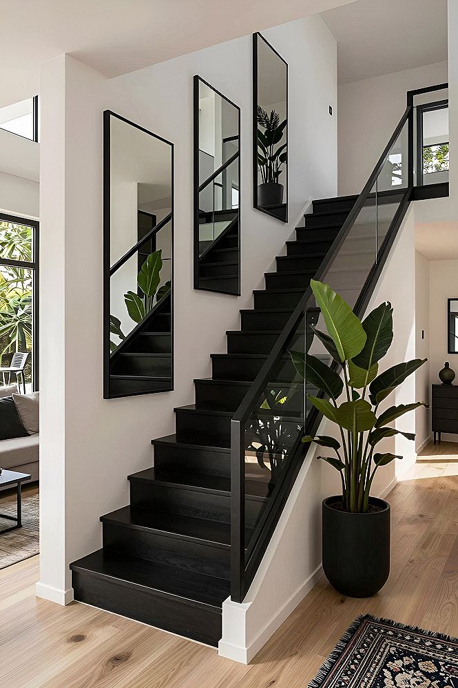 Minimalist Black Treads with Glass Railings