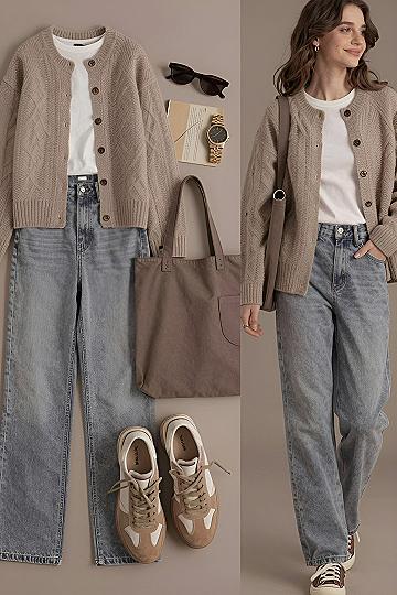 Pairing a Crewneck Knit Cardigan with Straight Leg Denim