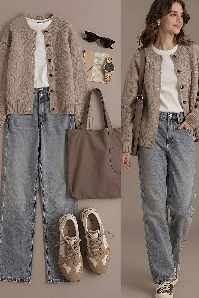 Pairing a Crewneck Knit Cardigan with Straight Leg Denim