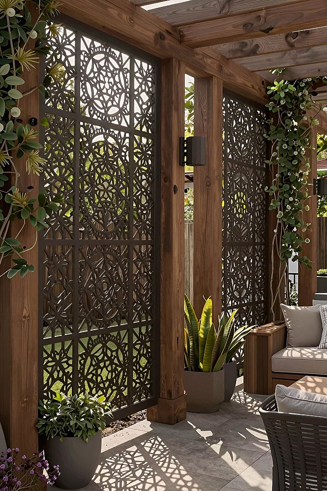 Decorative Laser-Cut Metal Privacy Screens for Pergolas