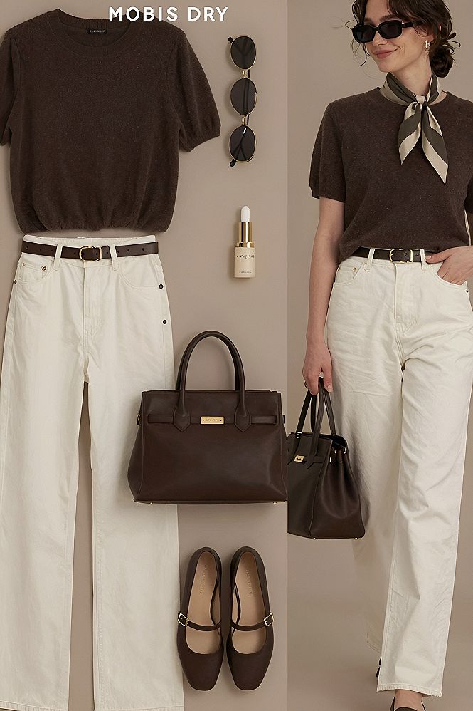 Styling a Dark Brown Short Sleeve Knit with Cream Trousers