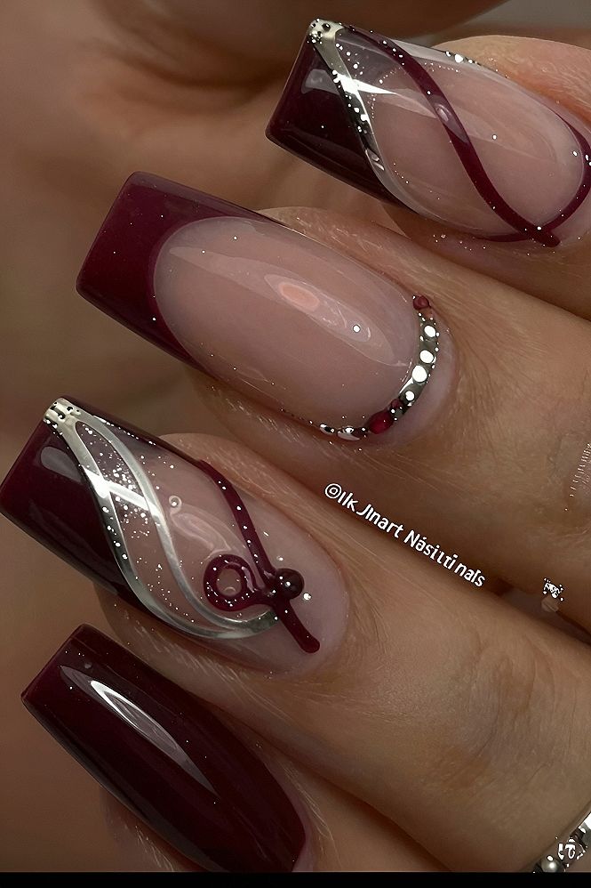 Burgundy and Silver Swirl Acrylic Nails