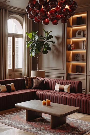 Modern Burgundy Sofa: Cozy Living Room Design Inspiration