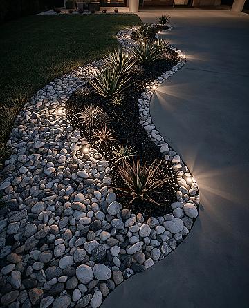 Modern Front Yard Landscaping with Dramatic Night Lighting