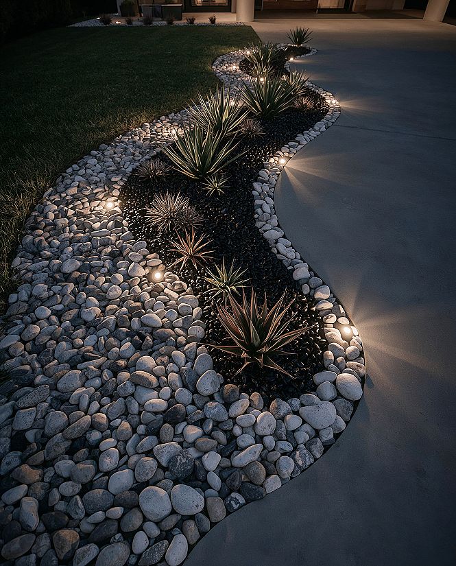 Modern Front Yard Landscaping with Dramatic Night Lighting
