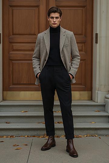 Sophisticated Winter Menswear: Beige Jacket & Turtleneck Ensemble