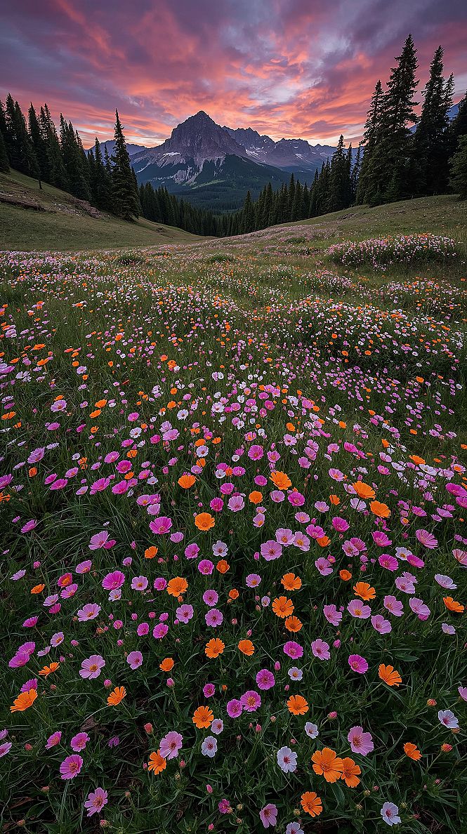 Sunset Symphony: Majestic Wildflower Fields in Vibrant Hues