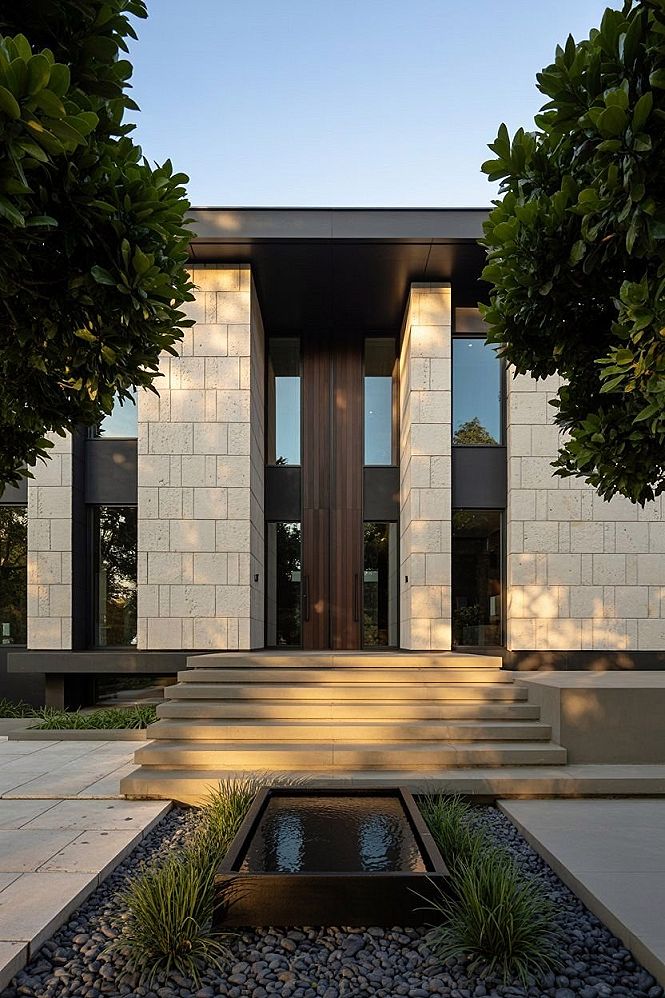 Modern Home Exterior: Chic Water Features & Stone Accents