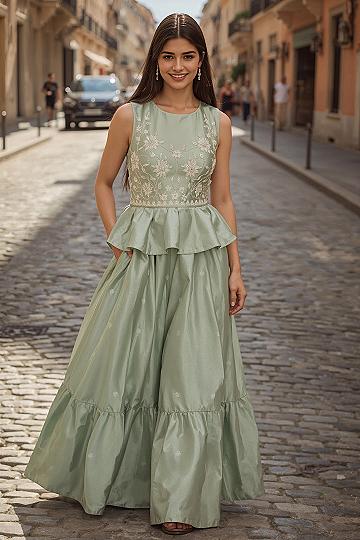 Emerald Silk Lehenga: Chic Indo-Western Style for Wedding Guests