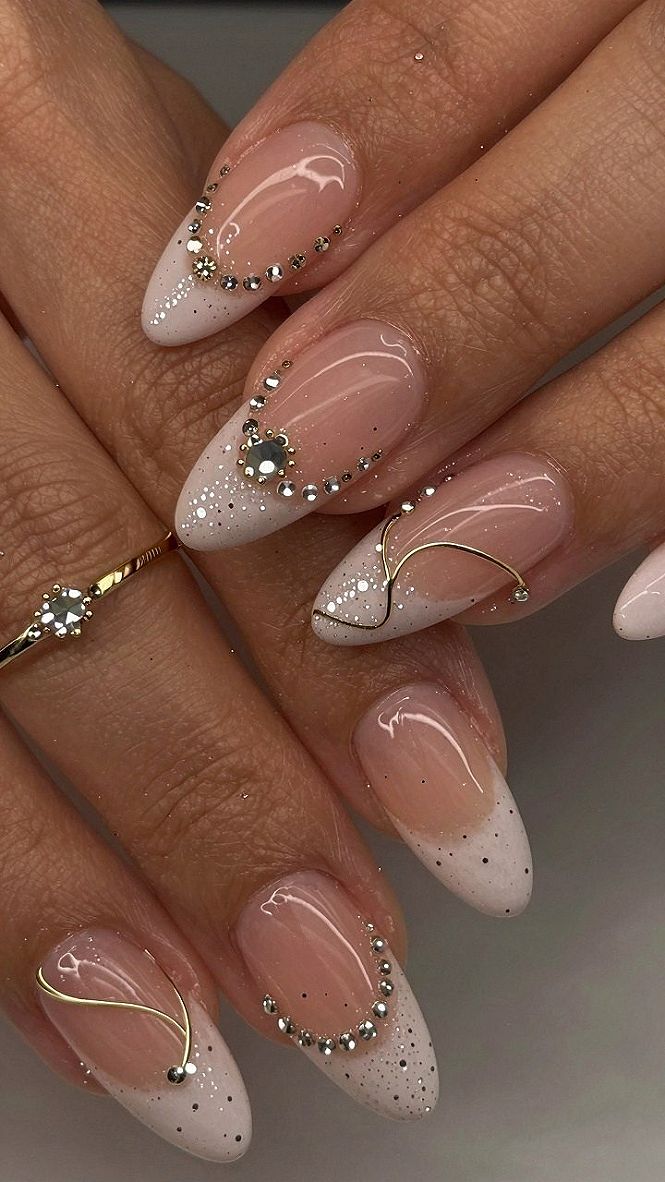 Sparkling Almond Acrylic Nails With Delicate Rhinestone Details