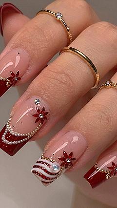 Burgundy Acrylic Nails with Delicate Floral Art