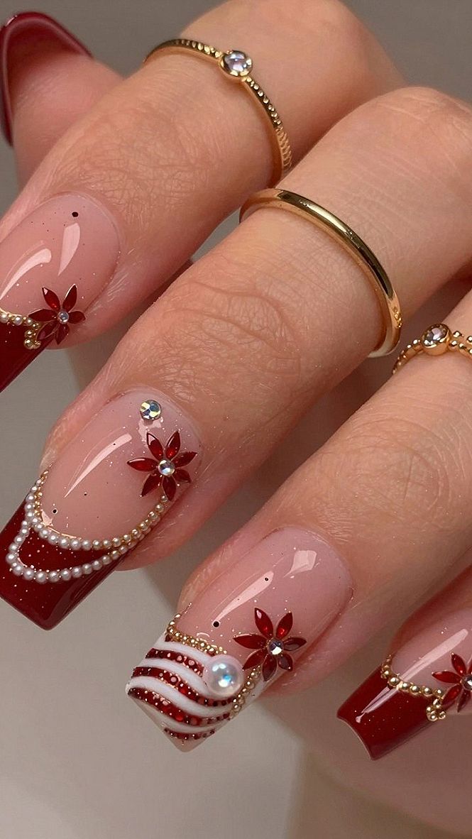 Burgundy Acrylic Nails with Delicate Floral Art