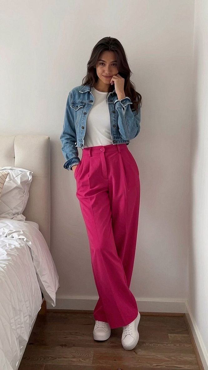 Pairing a Cropped Denim Jacket with Bright Trousers
