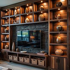 Rustic Media Center with Integrated Shelves: Cool TV Wall Ideas