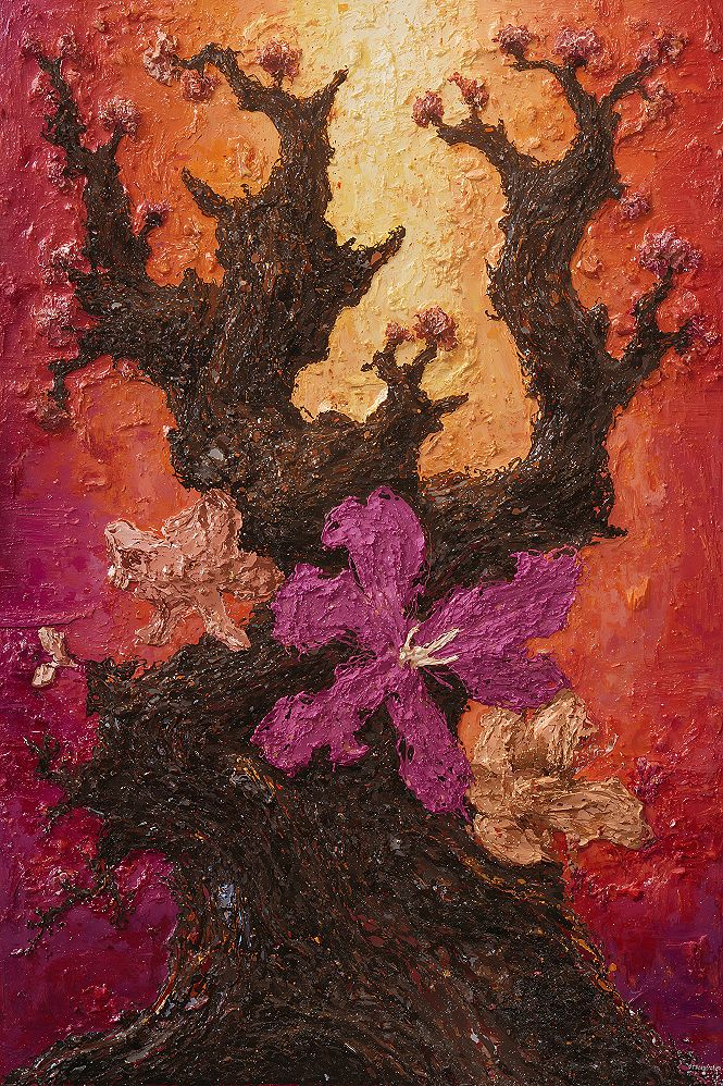 Vibrant Floral Tree Art: Textured Masterpiece for Outdoor Garden Walls